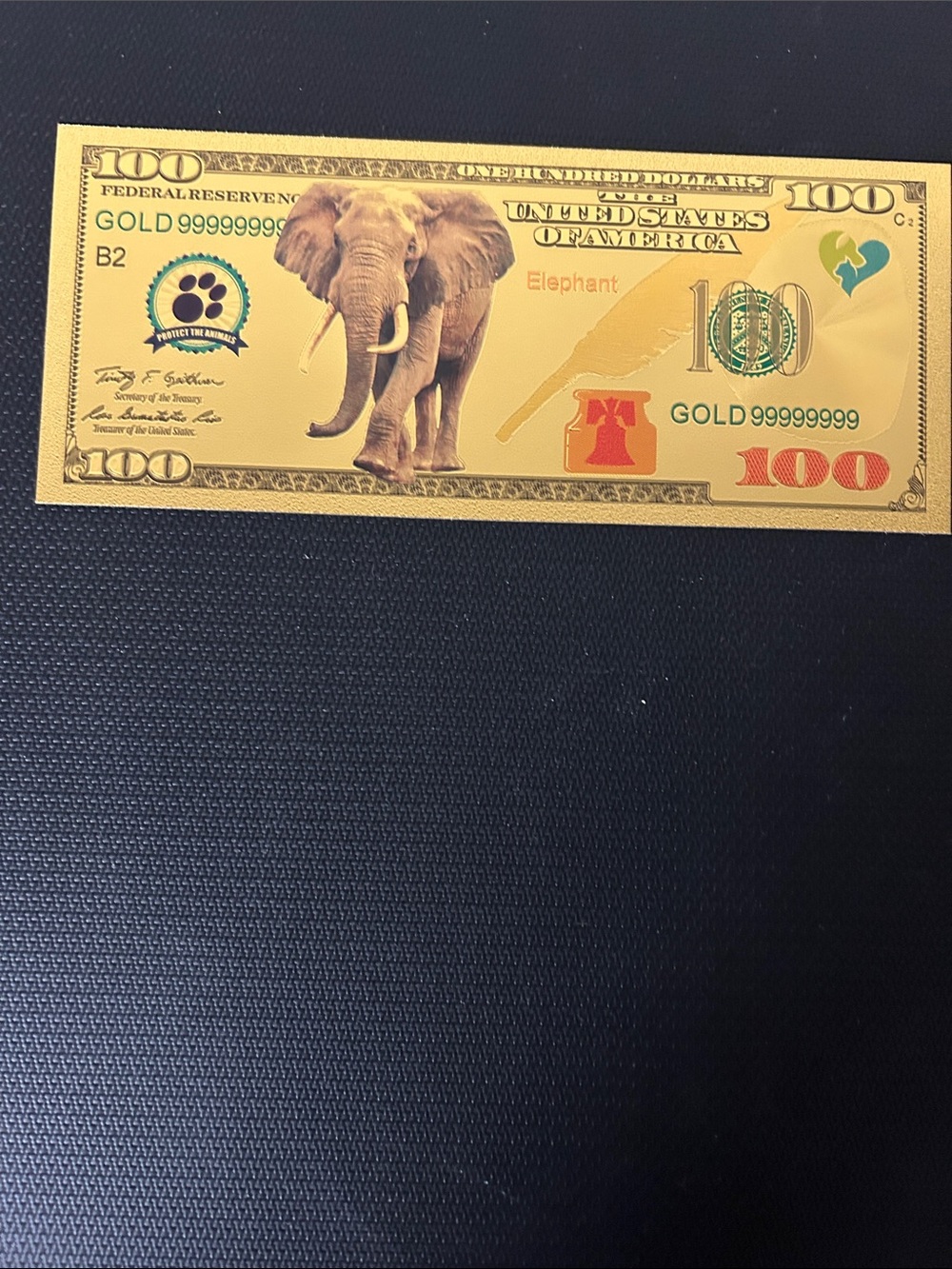 Gold Elephant Novelty $100 Bill - Decorative Collectible
